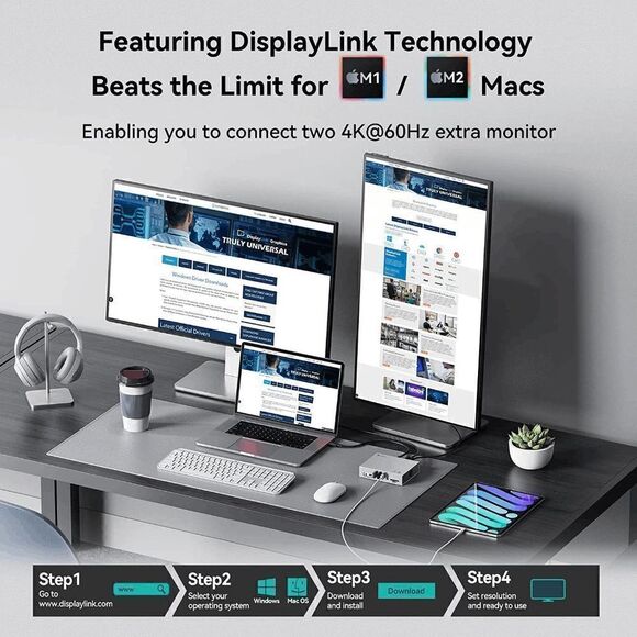 USB C Displaylink Docking Station for M1/M2 MacBook Pro/Air, 15 in 1 USB-C Dock - Picture 2 of 15